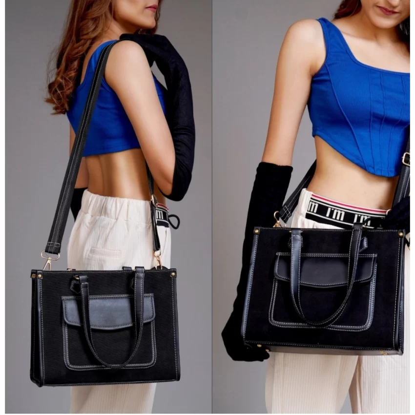 Generic Women's Canvas Medium Top handle Satchel Zipper Handbag (Black) - Image 2
