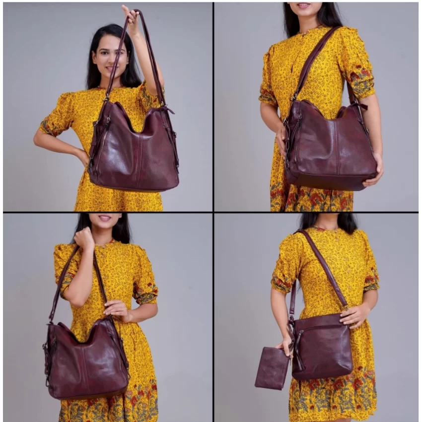 Generic Women's PU Leather Medium Shoulder Zipper Handbag (Wine red) - Image 2
