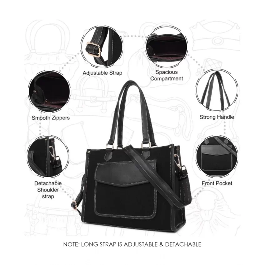 Generic Women's Canvas Medium Top handle Satchel Zipper Handbag (Black) - Image 3
