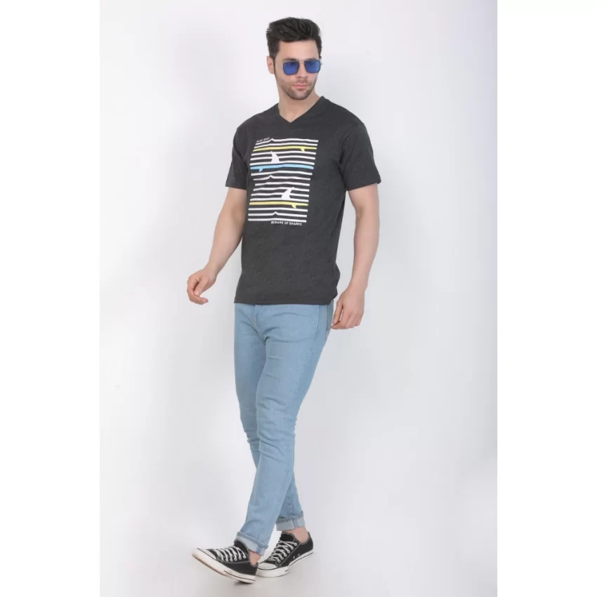 Generic Men's Cotton Jersey V Neck Printed Tshirt (Charcoal Melange) - Image 4