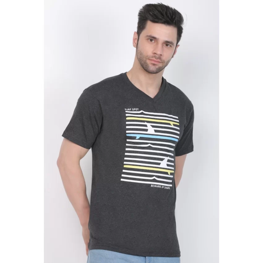 Generic Men's Cotton Jersey V Neck Printed Tshirt (Charcoal Melange) - Image 6