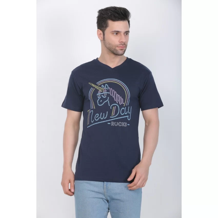 Generic Men's Cotton Jersey V Neck Printed Tshirt (Navy) - Image 6