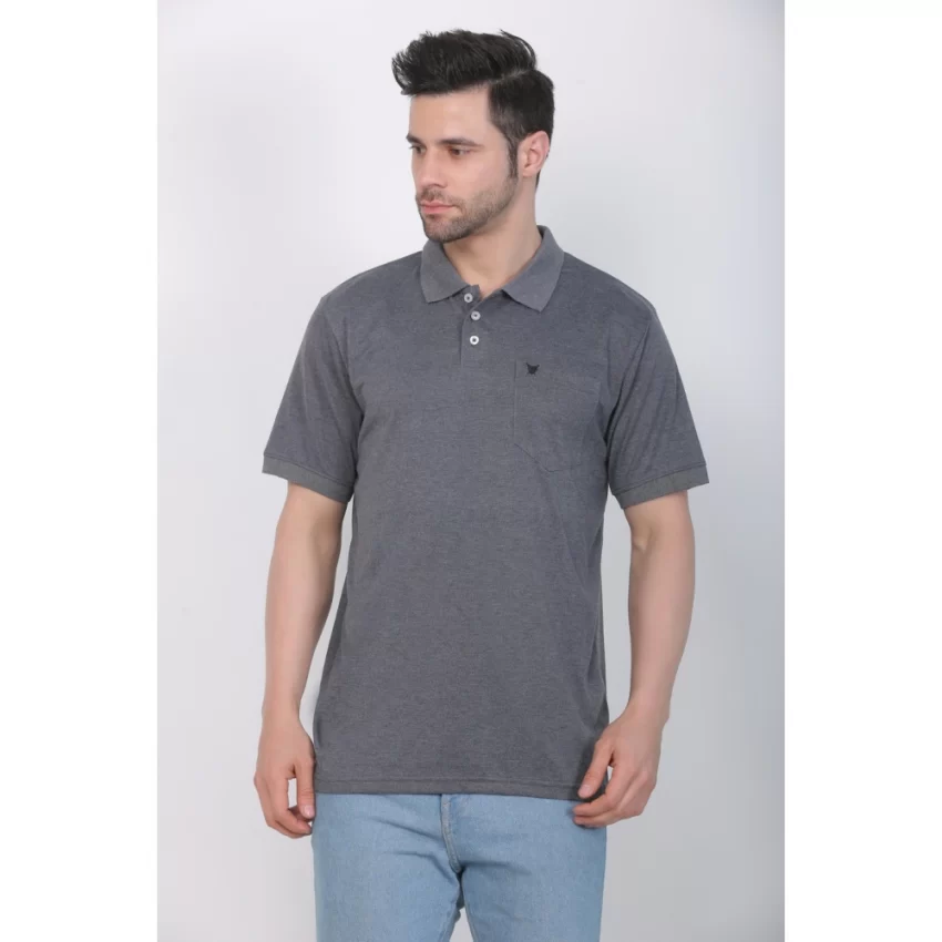 Generic Men's Poly Viscose Polo Plain Tshirt (Charcoal Melange) - Image 3