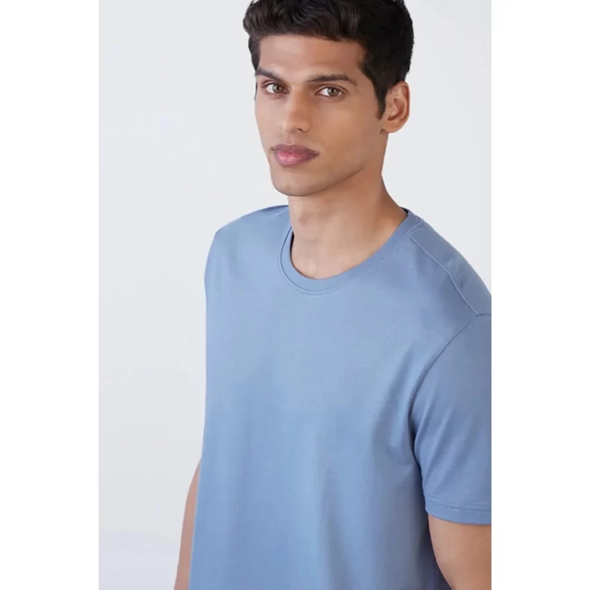 Generic Men's Casual Half sleeve Solid Polyester Crew Neck T-shirt (Light Blue) - Image 5