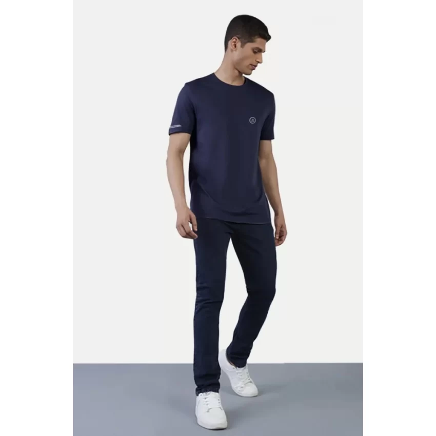 Generic Men's Casual Half sleeve Solid Polyester Crew Neck T-shirt (Navy) - Image 5