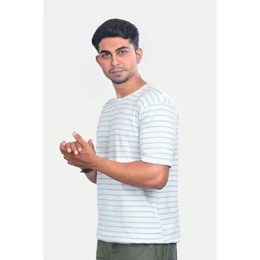 Generic Men's Casual Half sleeve Stripped Cotton Crew Neck T-shirt (Green) - Image 5