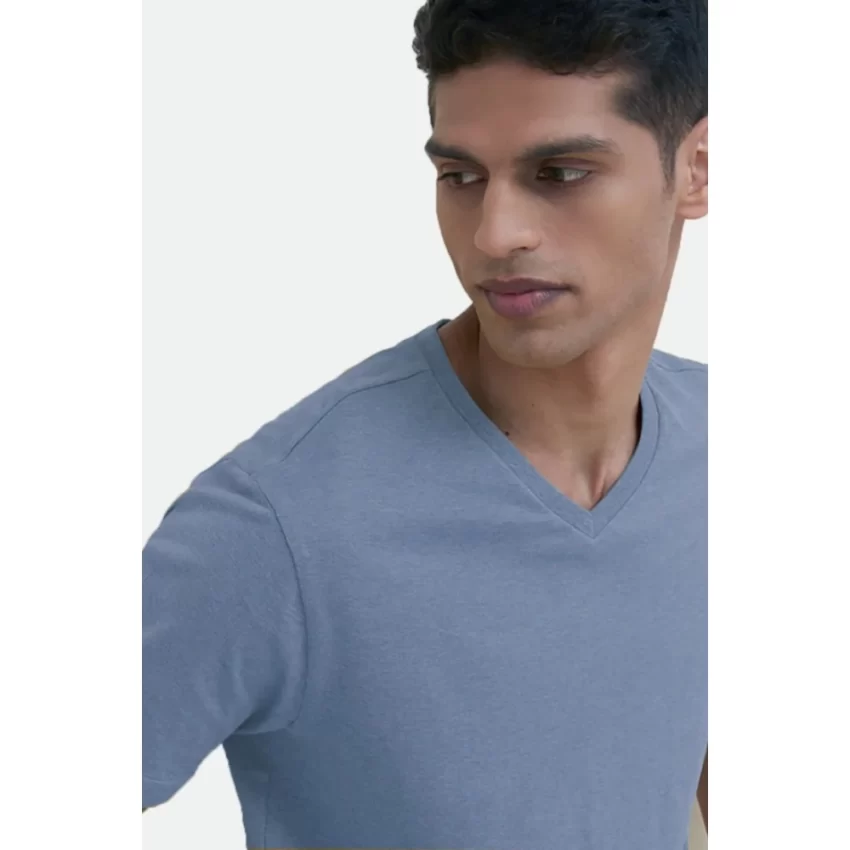Generic Men's Casual Half sleeve Solid Cotton V Neck T-shirt (Blue) - Image 3