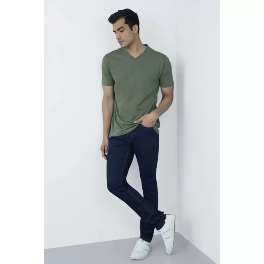 Generic Men's Casual Half sleeve Solid Cotton V Neck T-shirt (Green) - Image 5