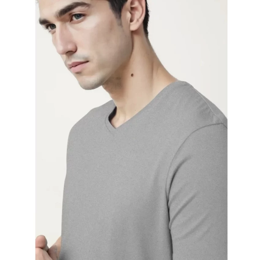 Generic Men's Casual Half sleeve Solid Cotton V Neck T-shirt (Grey Melange) - Image 3