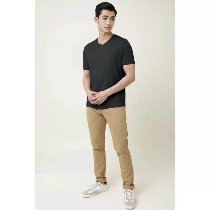 Generic Men's Casual Half sleeve Solid Cotton V Neck T-shirt (Black) - Image 5