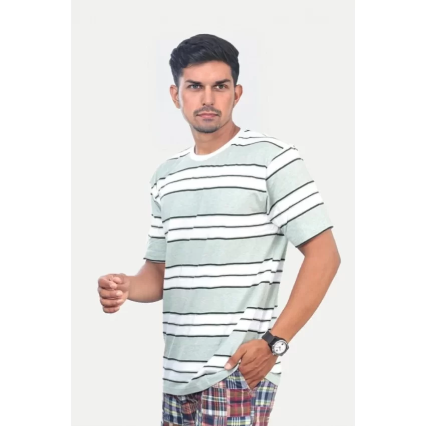 Generic Men's Casual Half sleeve Stripped Cotton Crew Neck T-shirt (White ) - Image 5