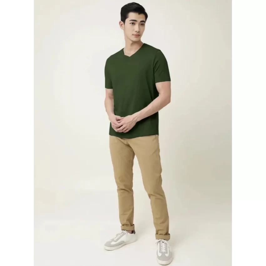 Generic Men's Casual Half sleeve Solid Cotton V Neck T-shirt (Olive) - Image 4