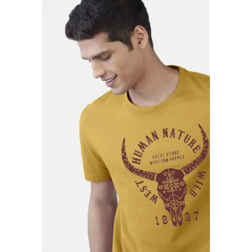Generic Men's Casual Half sleeve Printed Polyester Crew Neck T-shirt (Mustard) - Image 3
