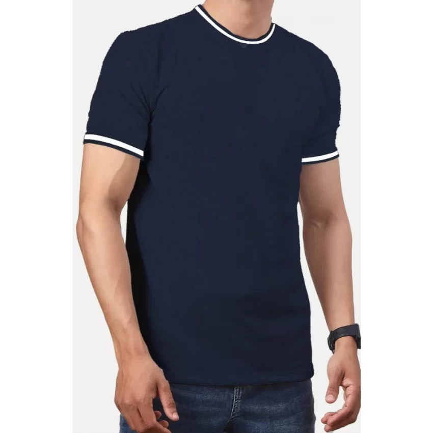 Generic Men's Casual Half sleeve Solid Polyester Crew Neck T-shirt (Navy) - Image 3