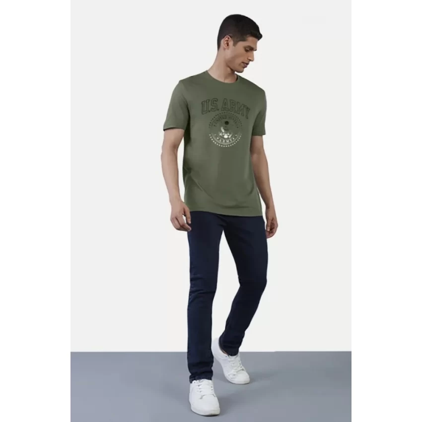 Generic Men's Casual Half sleeve Printed Cotton Crew Neck T-shirt (Military Green) - Image 5