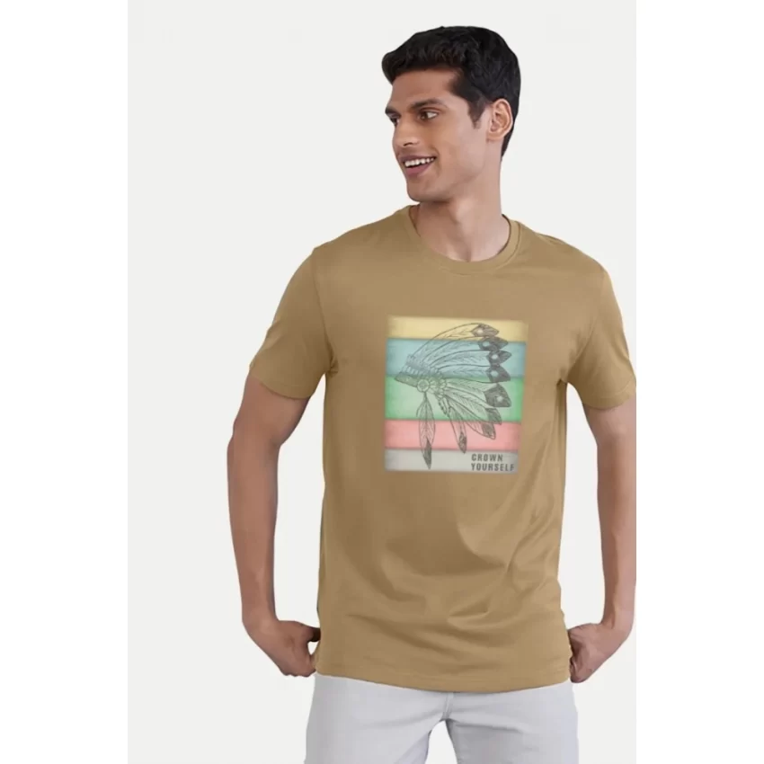 Generic Men's Casual Half sleeve Digital Printed Cotton Crew Neck T-shirt (Sand) - Image 5