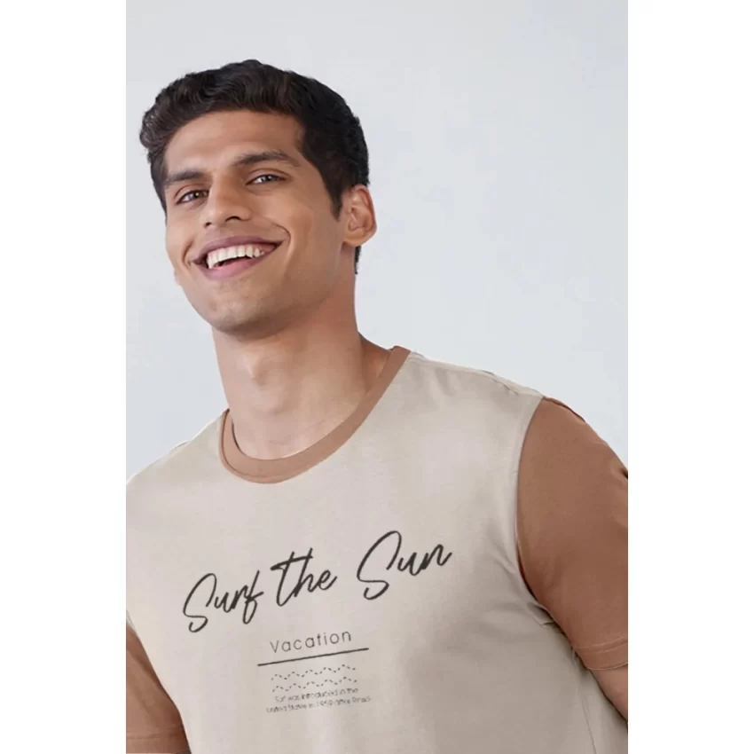 Generic Men's Casual Half sleeve Printed Cotton Crew Neck T-shirt (Cream) - Image 3