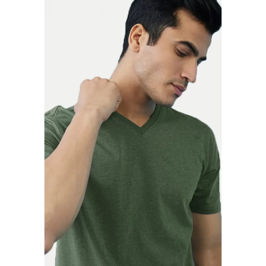 Generic Men's Casual Half sleeve Solid Cotton V Neck T-shirt (Green) - Image 3