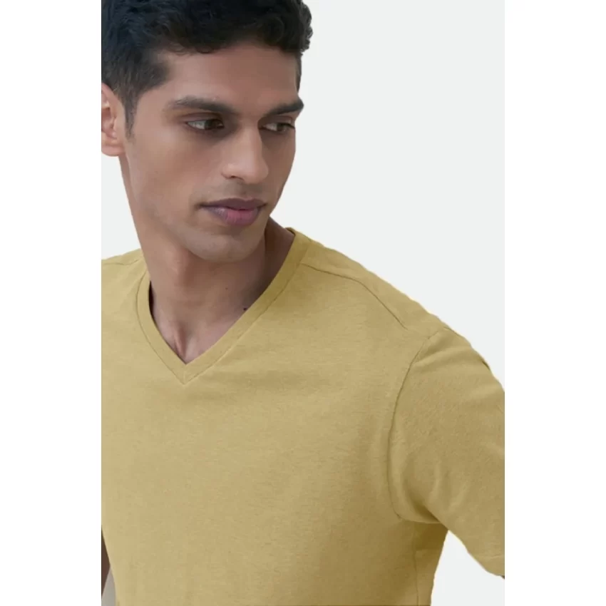 Generic Men's Casual Half sleeve Solid Cotton V Neck T-shirt (Sand) - Image 3