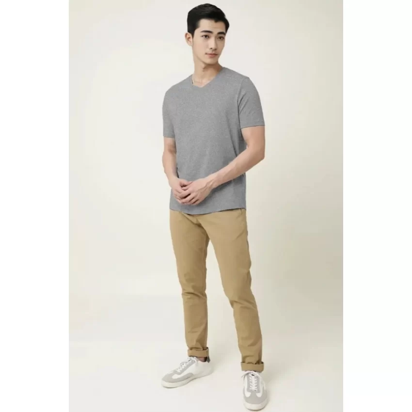 Generic Men's Casual Half sleeve Solid Cotton V Neck T-shirt (Grey Melange) - Image 5
