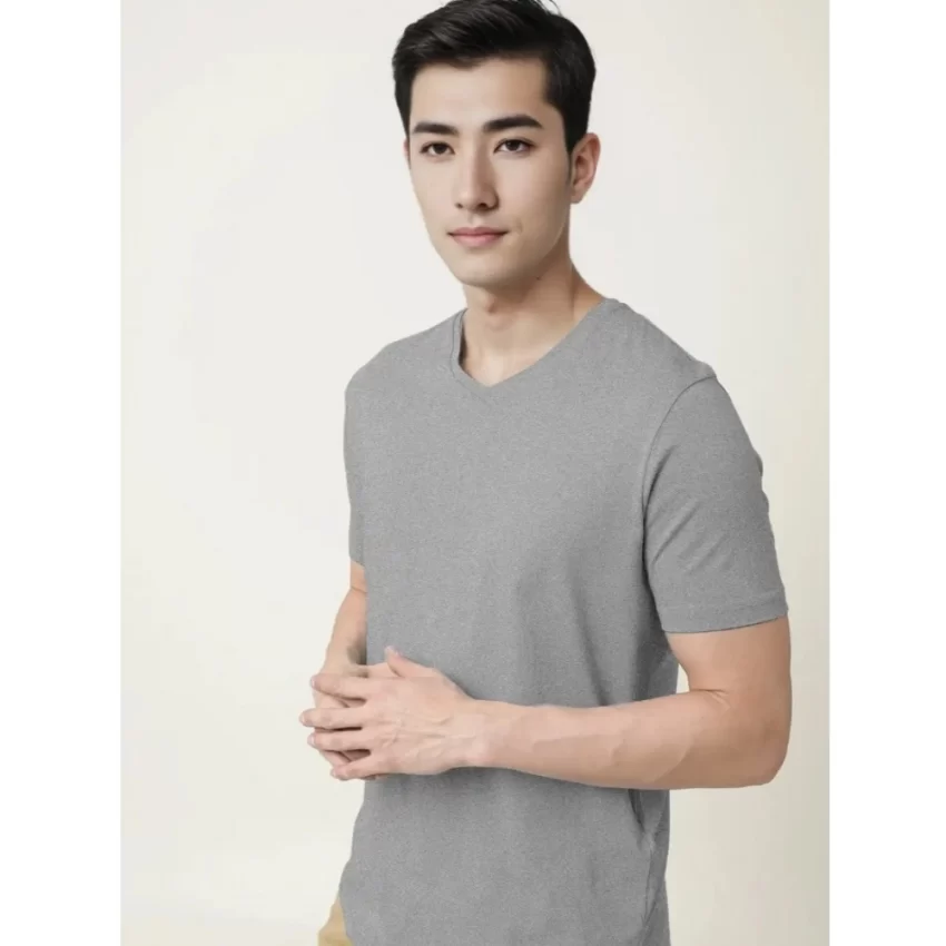 Generic Men's Casual Half sleeve Solid Cotton V Neck T-shirt (Grey Melange) - Image 7