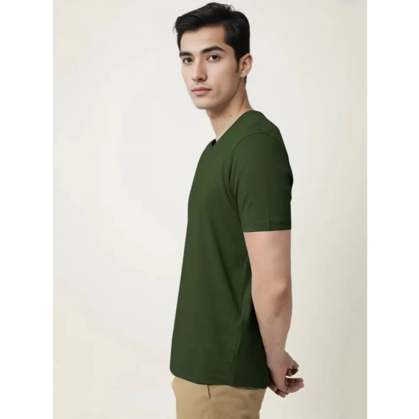 Generic Men's Casual Half sleeve Solid Cotton V Neck T-shirt (Olive) - Image 3
