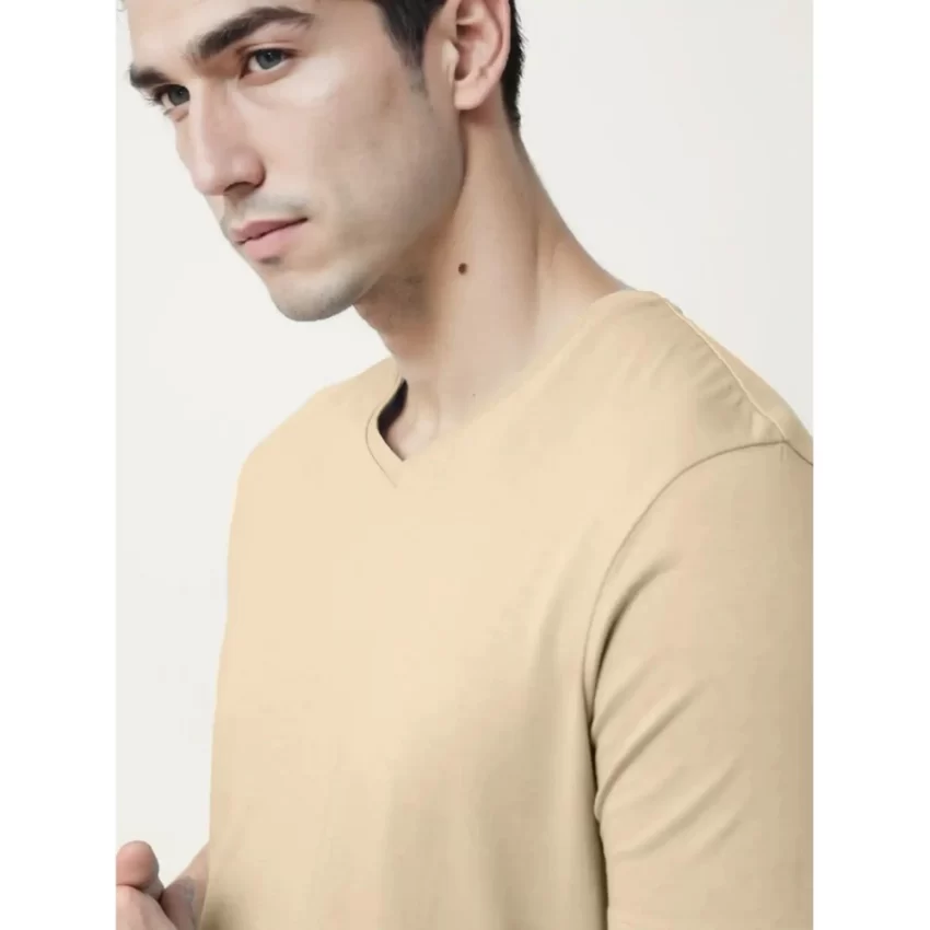 Generic Men's Casual Half sleeve Solid Cotton V Neck T-shirt (Beige) - Image 3