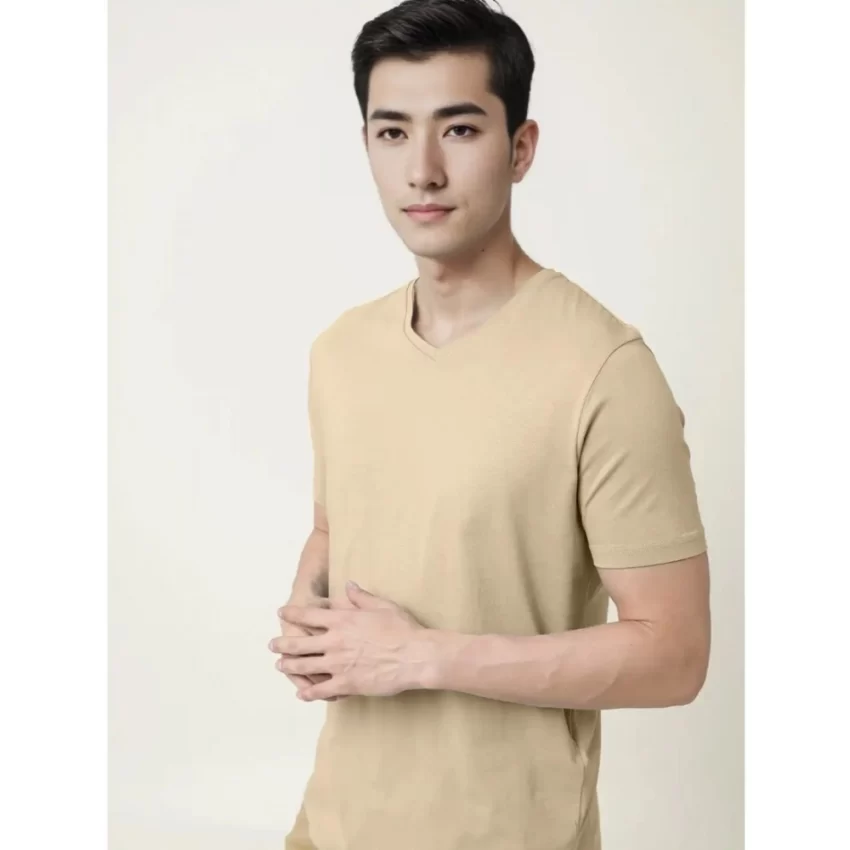Generic Men's Casual Half sleeve Solid Cotton V Neck T-shirt (Beige) - Image 6