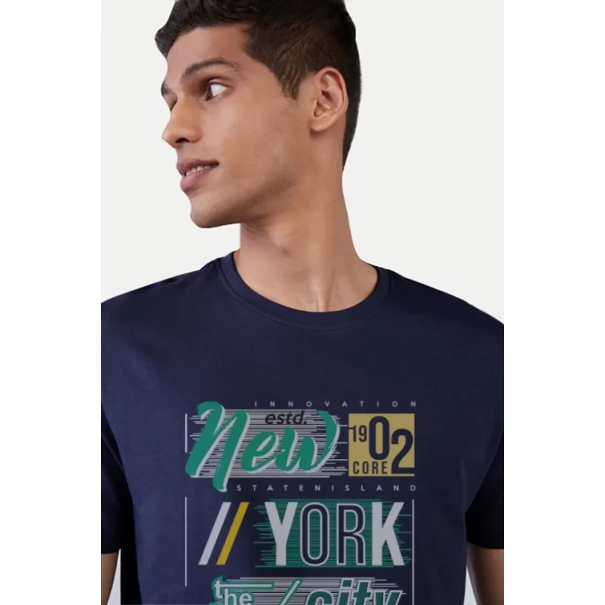 Generic Men's Casual Half sleeve Printed Polyester Crew Neck T-shirt (Navy) - Image 3