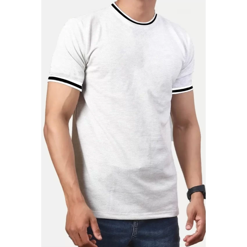 Generic Men's Casual Half sleeve Solid Polyester Crew Neck T-shirt (Ecru) - Image 3