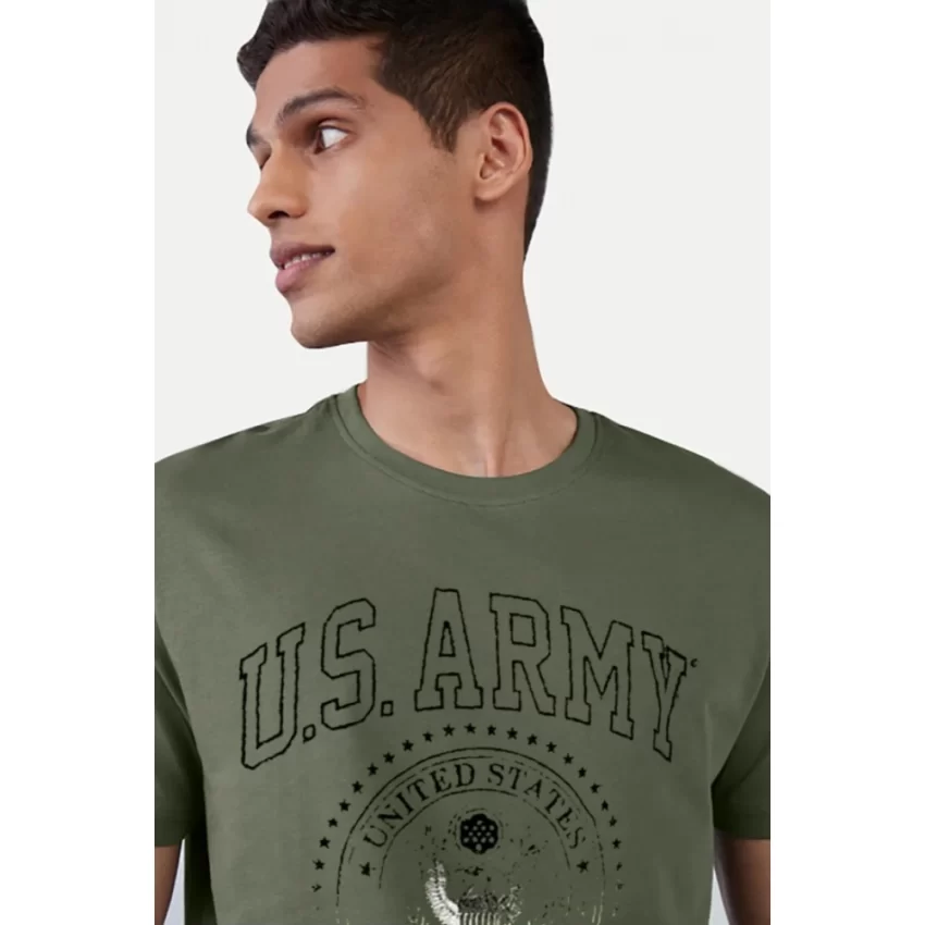 Generic Men's Casual Half sleeve Printed Cotton Crew Neck T-shirt (Military Green) - Image 3