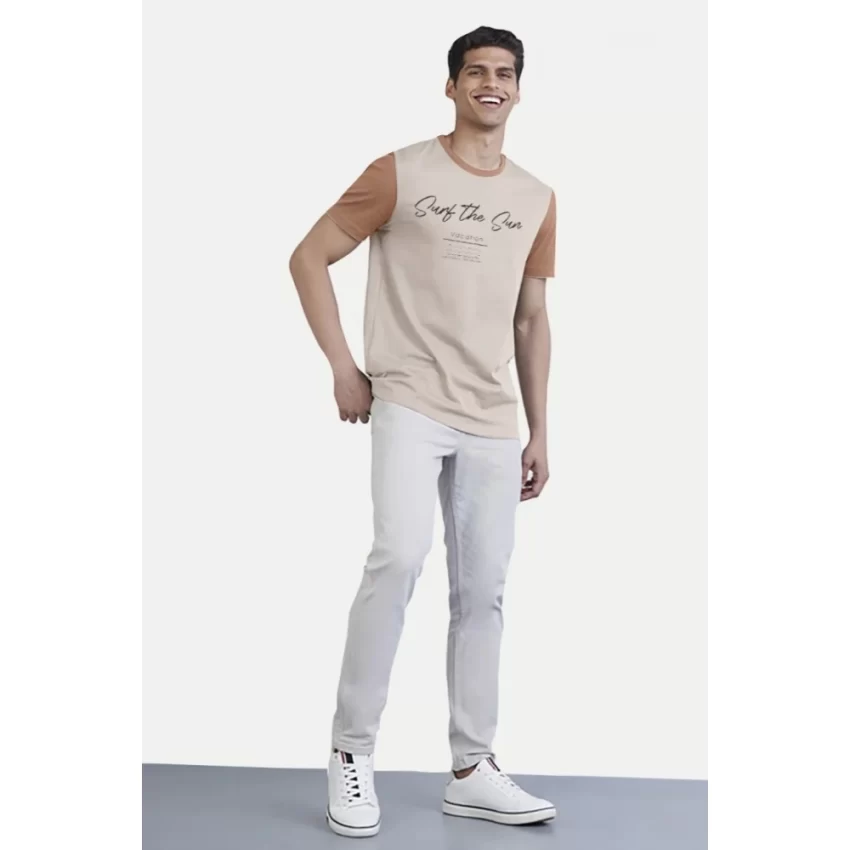Generic Men's Casual Half sleeve Printed Cotton Crew Neck T-shirt (Cream) - Image 5