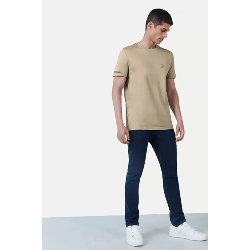 Generic Men's Casual Half sleeve Solid Polyester Crew Neck T-shirt (Beige) - Image 3