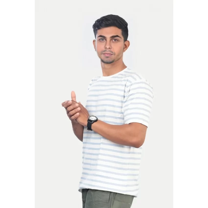 Generic Men's Casual Half sleeve Stripped Cotton Crew Neck T-shirt (White) - Image 5