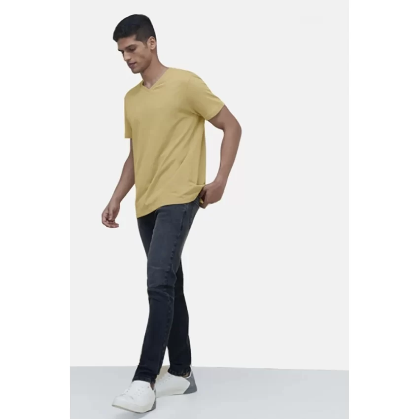 Generic Men's Casual Half sleeve Solid Cotton V Neck T-shirt (Sand) - Image 5