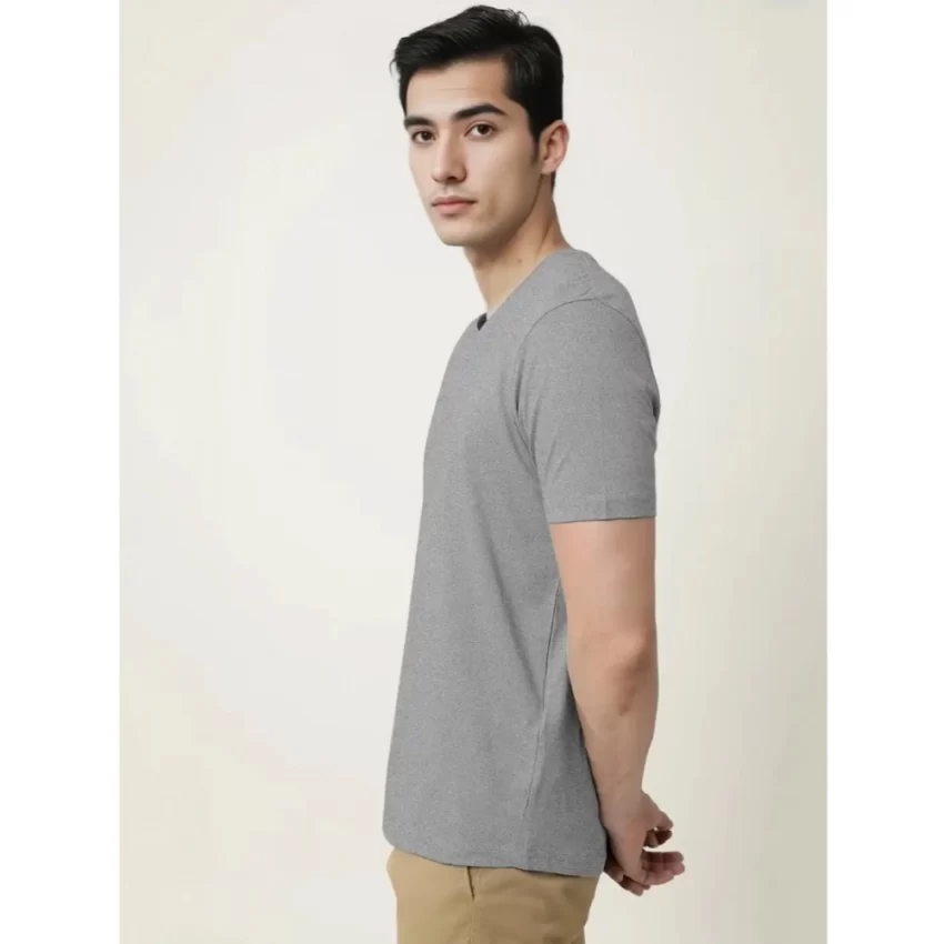 Generic Men's Casual Half sleeve Solid Cotton V Neck T-shirt (Grey Melange) - Image 4