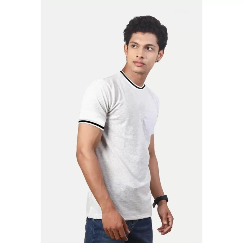 Generic Men's Casual Half sleeve Solid Polyester Crew Neck T-shirt (Ecru) - Image 5