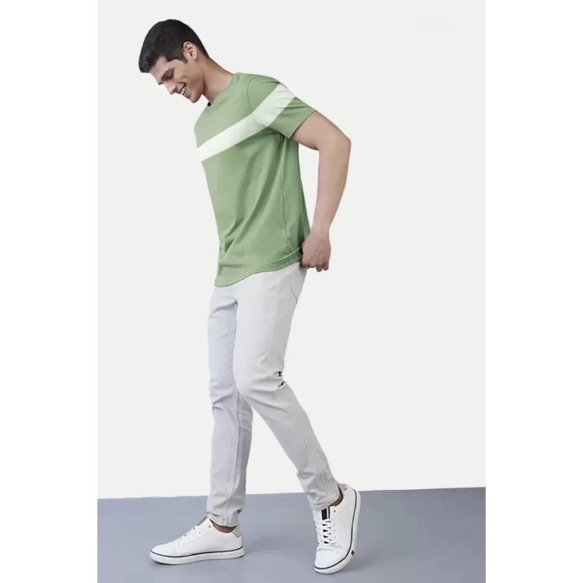 Generic Men's Casual Half sleeve Stripped Cotton Crew Neck T-shirt (Light Green) - Image 5