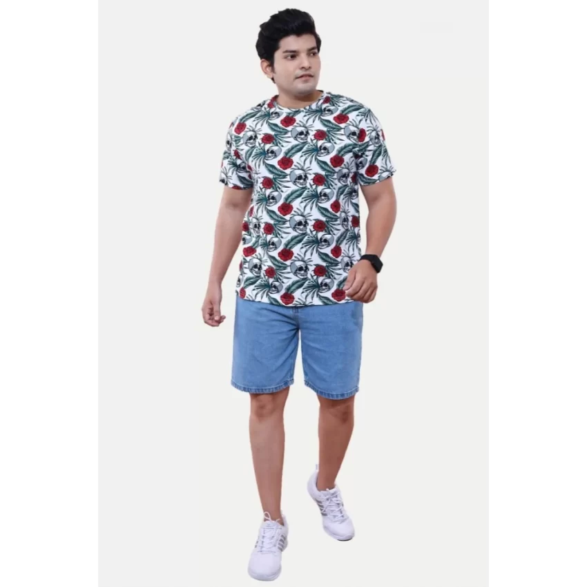 Generic Men's Casual Half sleeve Floral Printed Cotton Crew Neck T-shirt (White) - Image 5