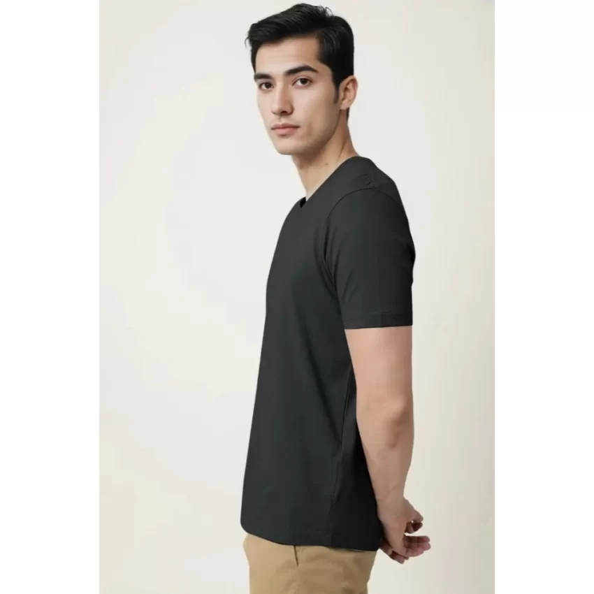 Generic Men's Casual Half sleeve Solid Cotton V Neck T-shirt (Black) - Image 4