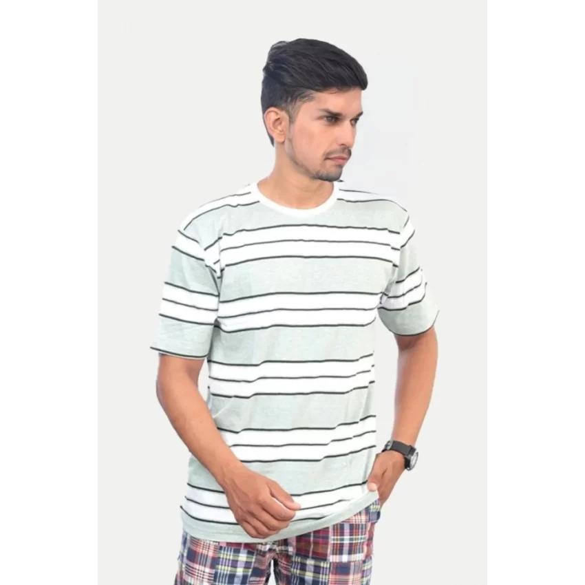 Generic Men's Casual Half sleeve Stripped Cotton Crew Neck T-shirt (White ) - Image 3