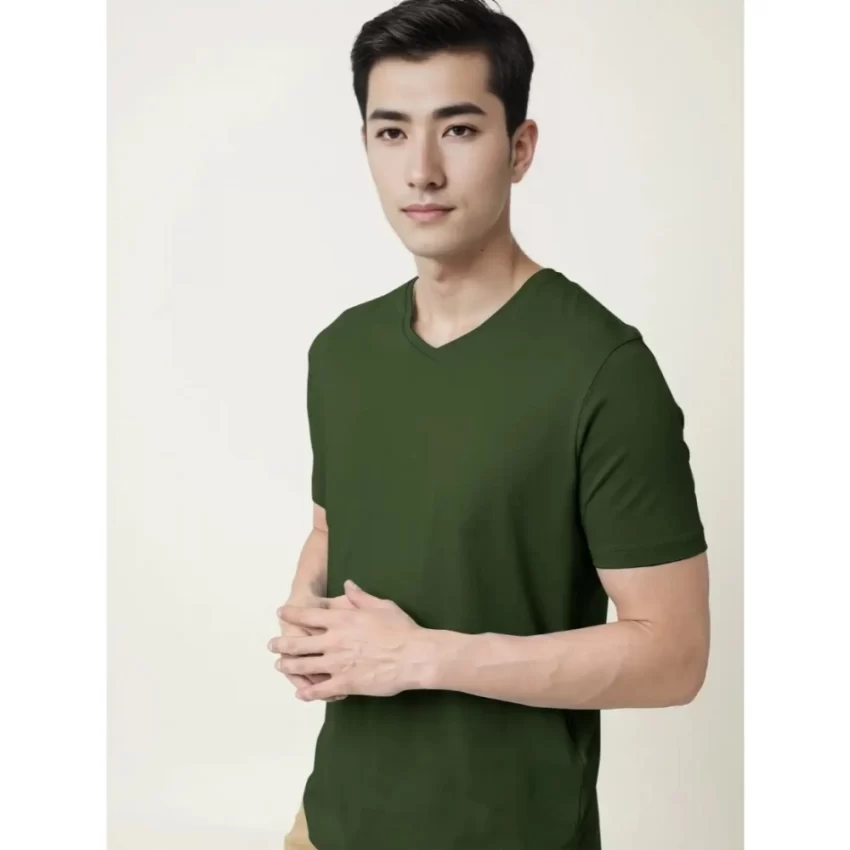 Generic Men's Casual Half sleeve Solid Cotton V Neck T-shirt (Olive) - Image 6