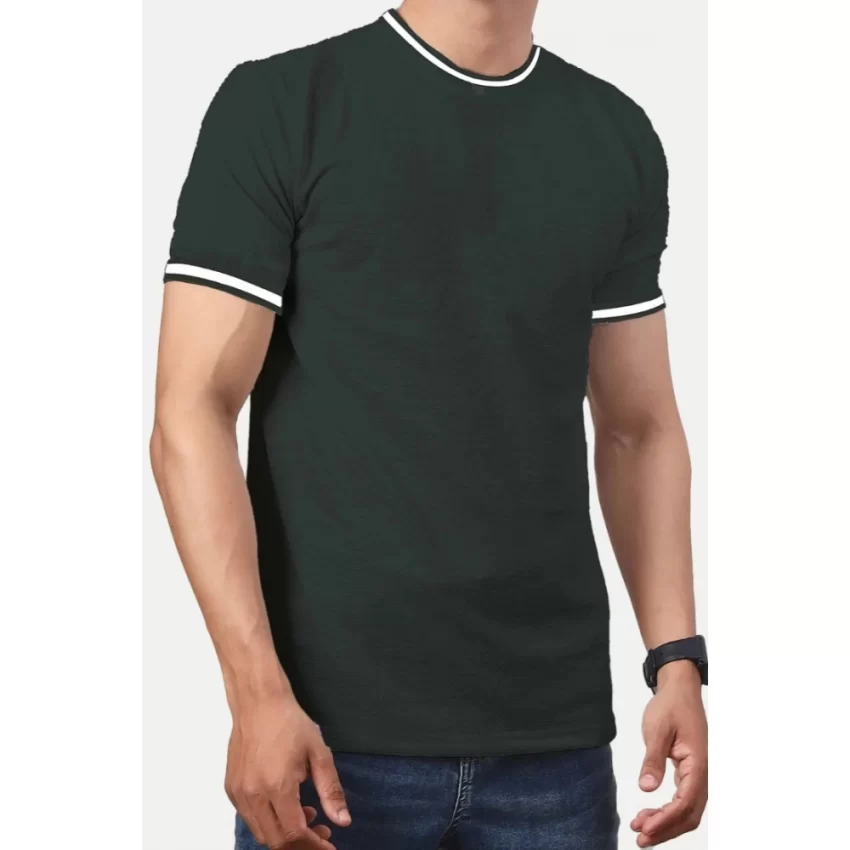Generic Men's Casual Half sleeve Solid Polyester Crew Neck T-shirt (Olive) - Image 3