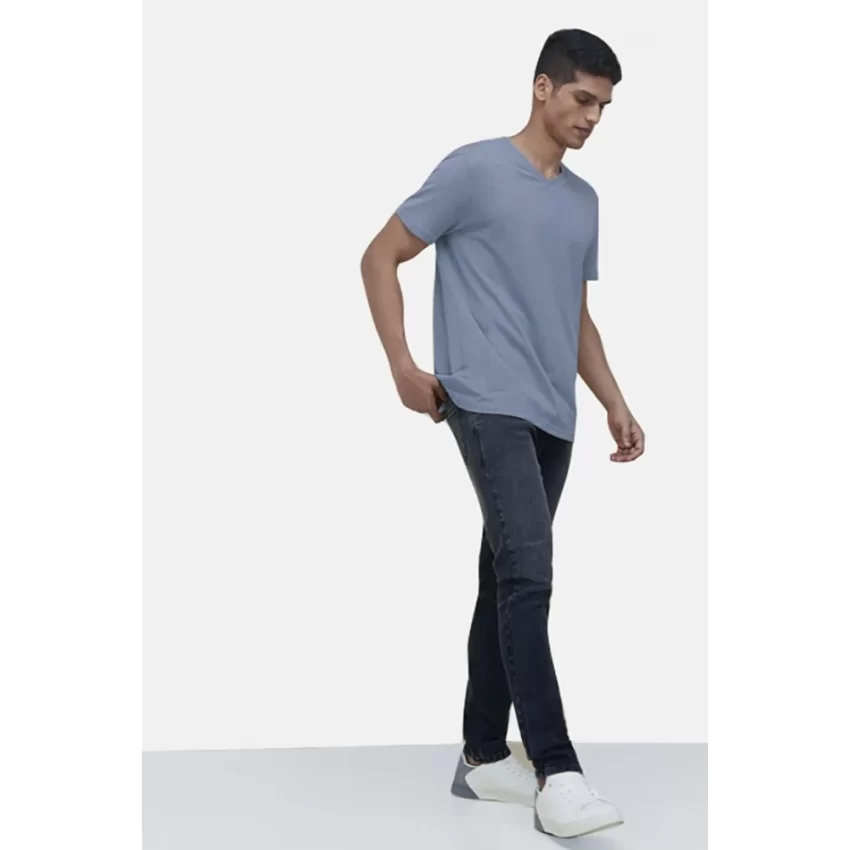 Generic Men's Casual Half sleeve Solid Cotton V Neck T-shirt (Blue) - Image 5