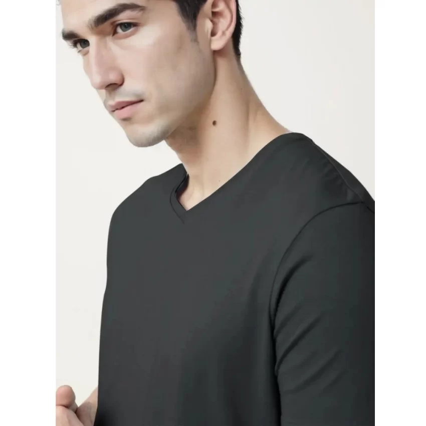 Generic Men's Casual Half sleeve Solid Cotton V Neck T-shirt (Black) - Image 3