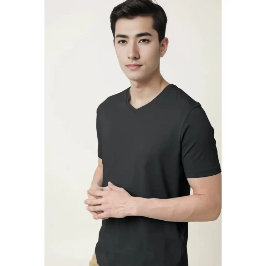 Generic Men's Casual Half sleeve Solid Cotton V Neck T-shirt (Black) - Image 7