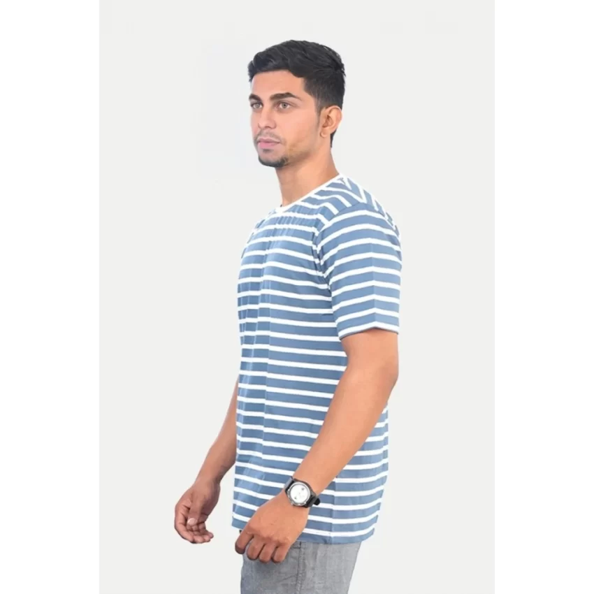 Generic Men's Casual Half sleeve Stripped Cotton Crew Neck T-shirt (Blue) - Image 2