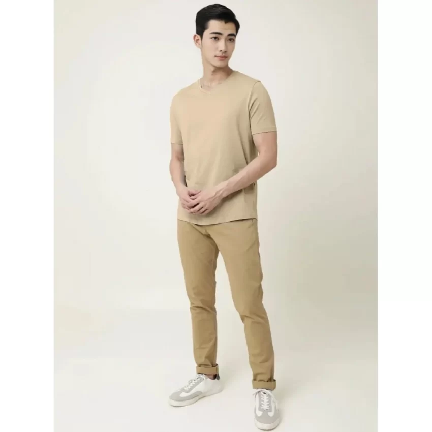 Generic Men's Casual Half sleeve Solid Cotton V Neck T-shirt (Beige) - Image 4