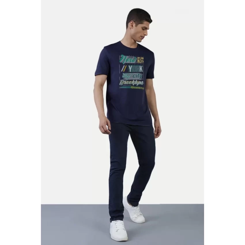 Generic Men's Casual Half sleeve Printed Polyester Crew Neck T-shirt (Navy) - Image 5