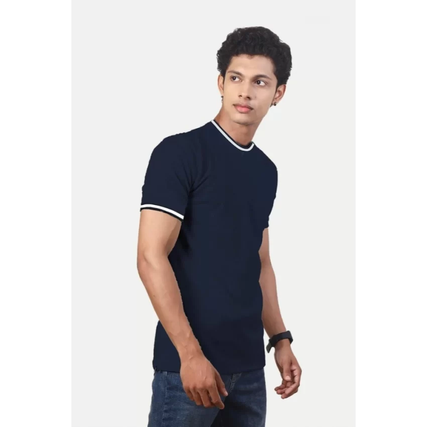 Generic Men's Casual Half sleeve Solid Polyester Crew Neck T-shirt (Navy) - Image 5